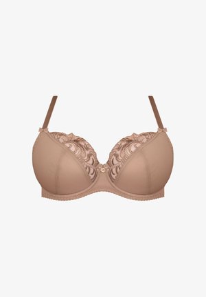 Beige bhenji bra ka design, jo upar lace ki virasat, mulayam cups, samayojan yogya straps, aur straps par chhoti sajawat bhari bows ke saath hai.
