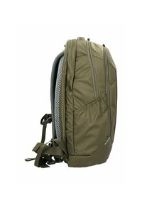 Zaino in tessuto verde con un design strutturato, retro in rete testurizzata, spallacci regolabili e tasca laterale elastica per riporre oggetti.