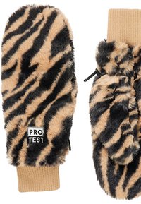 Lažne krznene rukavice s uzorkom tigrovih pruga u bež i crnoj boji, s rebrastim pletenim manžetama i malim oznakom.