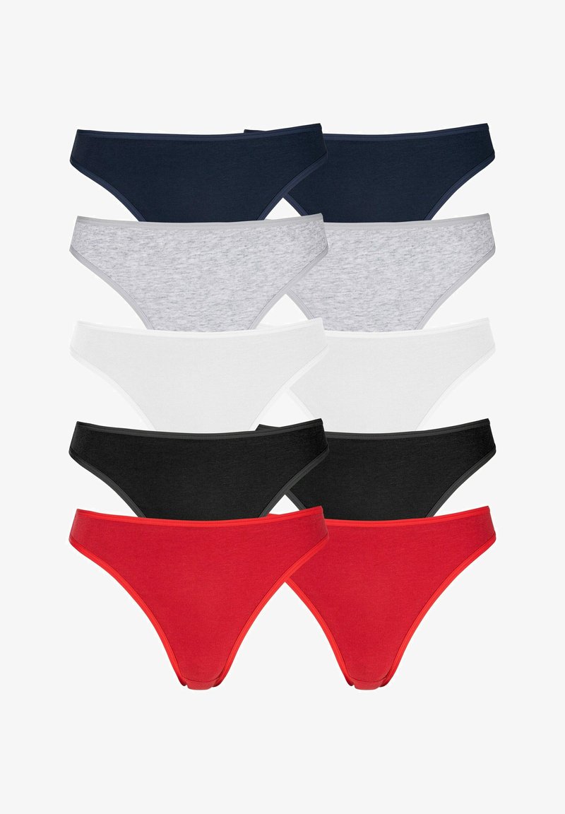 Dix paires de culottes en coton en navy, gris, blanc, noir et rouge. Chacune présente une taille lisse et un design ajusté.