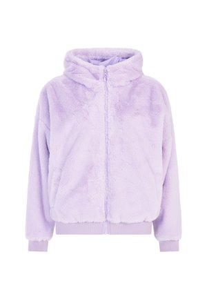 Purple faux fur zippered jacket with a hood, ribbed cuffs, and hem, featuring a soft texture and relaxed fit. No visible pockets.