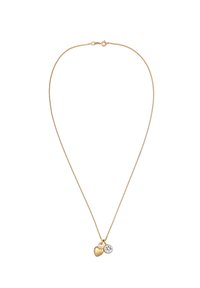 Guldfarvet halskæde med en delikat kæde featuring to charms: en hjerteform og en rund charm med en klar sten.