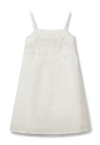 Weißes ärmelloses Kleid mit einem strukturierten Spitzenoberteil, verstellbaren Trägern und einem weichen Stoff von der Taille abwärts. Einfache, gerade Silhouette.