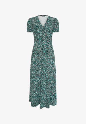 Midi-langes Wickelkleid mit kurzen Puffärmeln, V-Ausschnitt und kleinem weißen und türkisfarbenem Blumenmuster auf schwarzem Hintergrund.