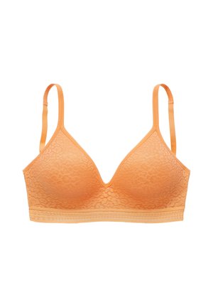 Soft orange lace bra with adjustable straps and a wide elastic band at the bottom, designed for light support and comfort.