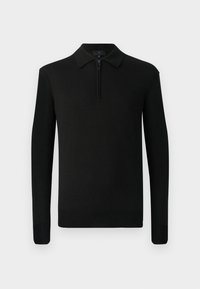 Zwarte pullover met lange mouwen en een ritskraag, gemaakt van zachte breistruik. Bevat ribgebreide mouwen en zoom. Eenvoudig en aangesloten ontwerp.