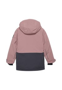 Ūdensizturīgs kapuces žakets ar rozā augšdaļu un tumši zilu apakšdaļu, regulējamiem piedurkņu galiem un sānu rāvējslēdzējiem. Gluda tekstūra.