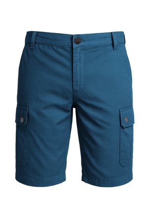 Blaue Cargo-Shorts aus strukturiertem Stoff, ausgestattet mit zwei seitlichen Taschen, Knopfverschluss und geradem Saum.