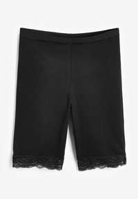 Zwarte stretchkatoenen shorts met een aansluitend ontwerp, voorzien van een kantafwerking langs de zoom. Gladde textuur, lengte tot halverwege de dij.