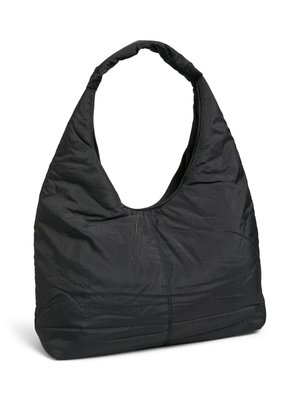 Black fabric shoulder bag with a slouchy design, curved handle, and subtle texture. Features an open top and gathered seam detail.