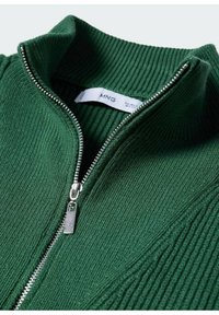 Pull en maille côtelée verte avec une fermeture éclair métallique à mi-longueur et un col montant, montrant l’étiquette de la marque à l’intérieur du col.