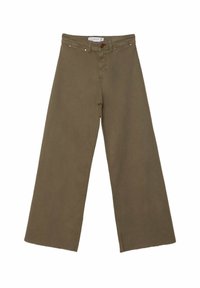 Pantalon large couleur vert olive en coton, avec fermeture à bouton et braguette zippée, deux poches avant et texture unie.