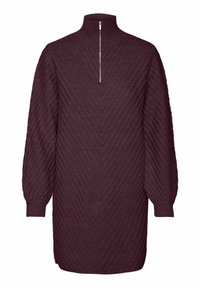 Abito maglione bordeaux con colletto alto, mezza cerniera e un motivo a chevron testurizzato. Maniche lunghe con polsini a costine.