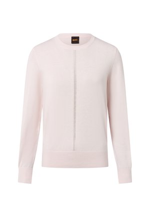 Langärmliger, hellrosa Pullover aus weichem Stoff. Mit Rundhalsausschnitt und einer zentralen Nahtdetails sowie gerippten Bündchen und Saum. Markenlabel am Hals.