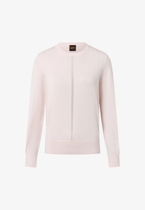 Lichtroze trui met lange mouwen van zachte stof. Heeft een ronde hals en een centrale naaddetail met ribbelmanchetten en onderrand. Merklabel op de hals.