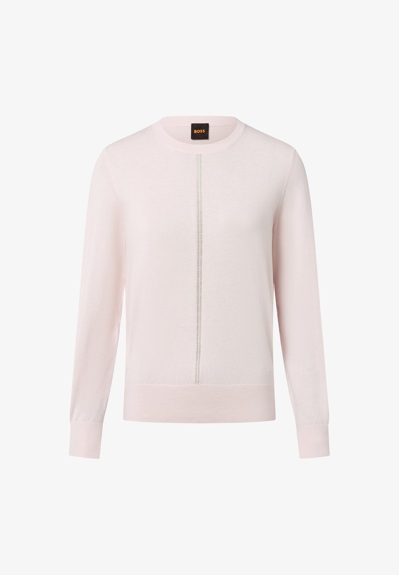 Pull long à manches longues rose clair en tissu doux. Présente un col rond et un détail de couture central avec des poignets et un ourlet côtelés. Étiquette de la marque au niveau du cou.