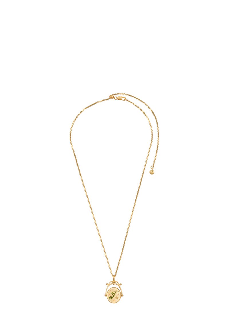 Gouden ketting met een ronde, gekleurde hanger met een groene letter "T" en steraccenten, bevestigd met een veersluiting.