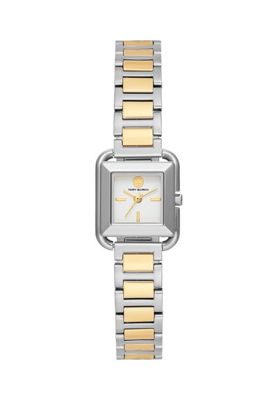 Montre en métal argenté et doré avec un cadran carré affichant des index et aiguilles dorés sur fond blanc.