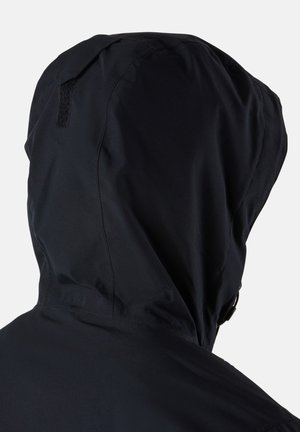 Black hooded jacket with a smooth, water-resistant material. Features a secure adjustable hood and minimal stitching detail.