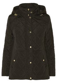 Svart kviltad jacka med hög krage och huva. Utrustad med hårdvara i guldton, tryckknappar och två framfickor. Slät textur.