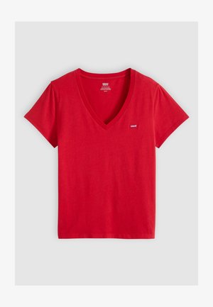 Rød kortærmet V-hals Levi's t-shirt med et lille logo mærkat på venstre bryst, lagt fladt på en lys grå baggrund.