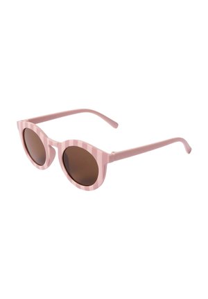 Round-framed sunglasses with pink and light pink vertical striped frame and dark brown lenses on a white background.