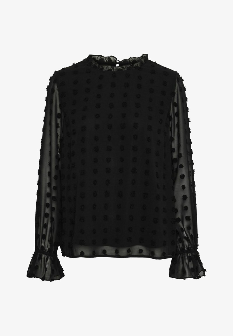 Blouse noire transparente à manches longues avec pois en relief, col montant volanté et poignets volantés évasés.