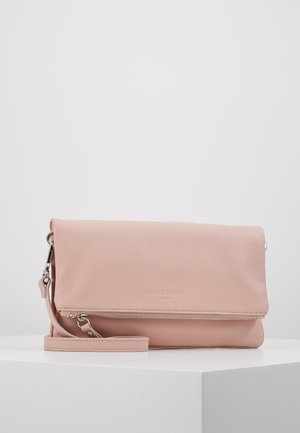 Blush pink leather clutch bag with fold-over flap, silver zipper detail, detachable wrist strap, and embossed brand name on front.