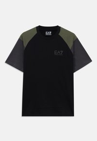 Short-sleeve black T-shirt with olive green shoulder panels, dark gray sleeves, and EA7 Emporio Armani logo on the chest and collar label.