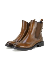 Braune Chelsea-Stiefel aus Leder mit glatter Oberfläche, elastischen Seitenteilen, Brogue-Verzierungen und einer robusten Gummisohle.