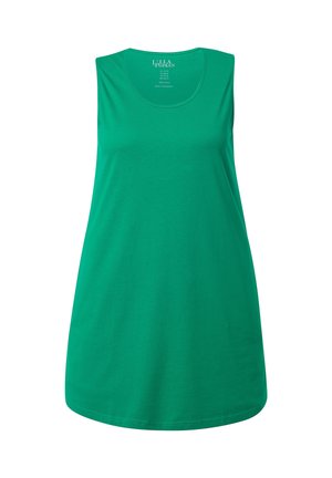 Grünes ärmelloses Baumwolloberteil mit Rundhalsausschnitt, lockere Passform, schlichtes Design, Etikett im inneren Nackenbereich, auf weißem Hintergrund dargestellt.