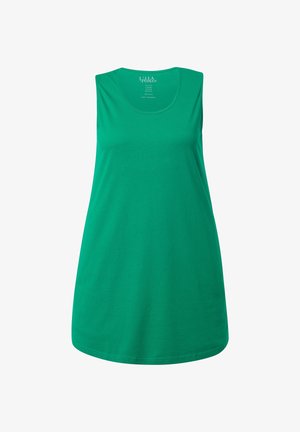 Groen mouwloos katoenen top met scoopneck, losse pasvorm, effen ontwerp, label aan de binnenzijde van de halslijn, getoond op een witte achtergrond.