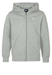 Felpa grigia con zip, cappuccio regolabile con cordino, tasche frontali, polsini a costine e logo Nike bianco sul lato sinistro del petto. In tessuto misto cotone.