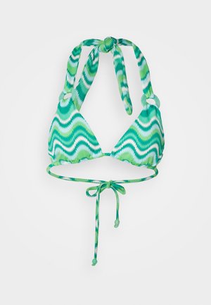 Green and blue zigzag print bikini top with adjustable ties, triangular cups, and coordinating ties at the back. Smooth texture and thin straps.