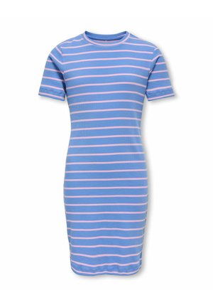 Blå kropsnær kortærmet kjole med horisontale lyserøde striber og rund halsudskæring, knælængde, tætsiddende stil.