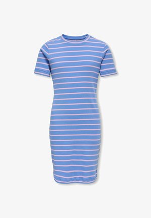 Blå kropsnær kortærmet kjole med horisontale lyserøde striber og rund halsudskæring, knælængde, tætsiddende stil.