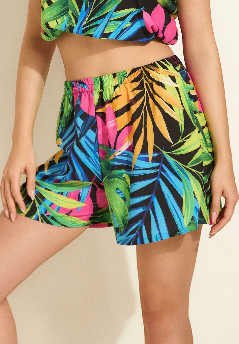 Kolorowe szorty z żywym tropikalnym wzorem liści w odcieniach niebieskiego, zielonego, różowego i pomarańczowego na czarnym tle. Elastyczny pas.
