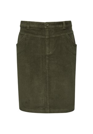 Olijfgroen corduroy rok met een rechte snit, voorzien van een knoopsluiting en twee zijzakken voor extra functionaliteit.