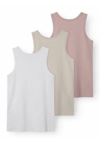 Trois débardeurs en blanc, beige et rose clair. Le tissu est en coton lisse avec un col rond et sans ornements.
