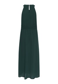 Rochie maxi de culoare verde închis, cu un design fără mâneci, talie elastică, detaliu în formă de ochi de cheie la spate și țesătură fluidă. Textură netedă, croi până la podea.