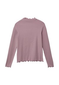 Bluzka z długim rękawem z prążkowanego materiału w kolorze mauve, z wysokim kołnierzem ozdobionym falbanką i falistym, wykończonym brzegiem. Gładka faktura, luźny krój.