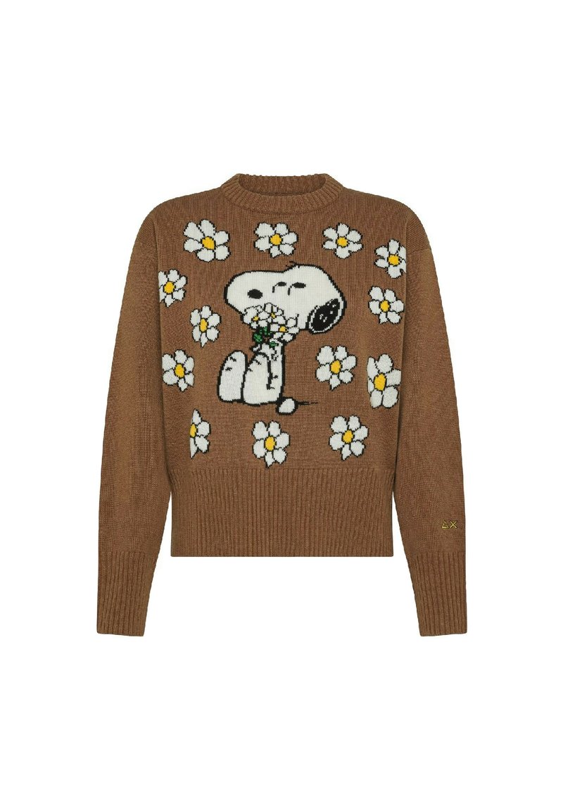 Maglione a maglia marrone con un motivo floreale di margherite. Snoopy ricamato che tiene dei fiori al centro. Orlo e polsini a costine.