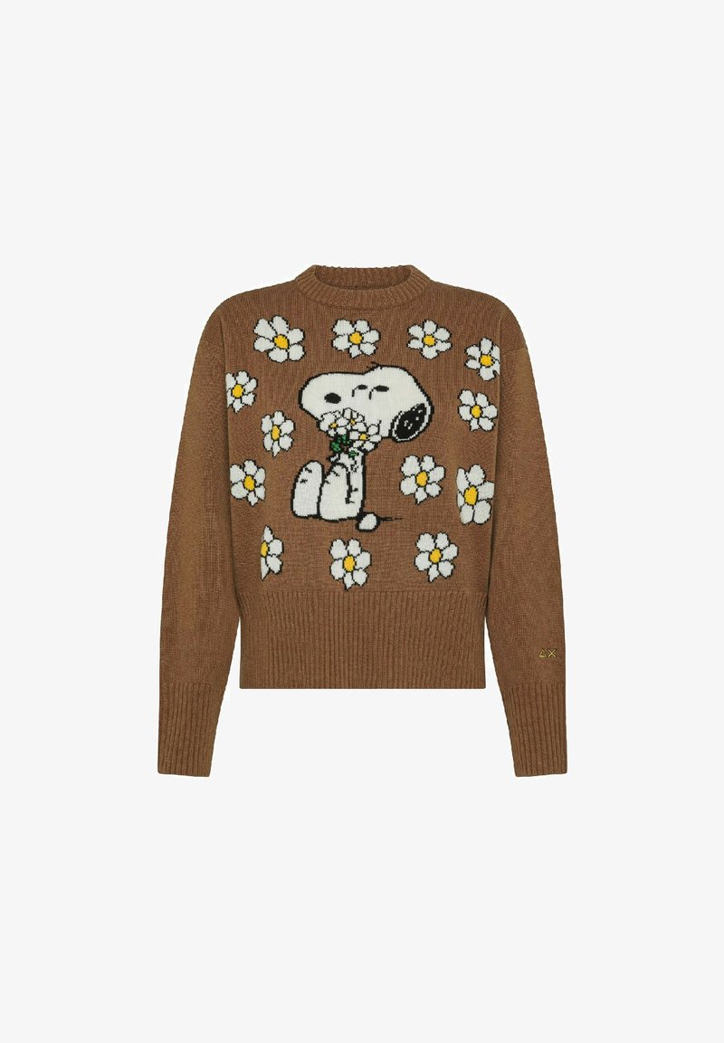 Maglione a maglia marrone con un motivo floreale di margherite. Snoopy ricamato che tiene dei fiori al centro. Orlo e polsini a costine.