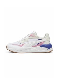 Weiße Sneakers mit pinken und blauen Akzenten, aus synthetischen Materialien, strukturiertem Sohlenprofil, gepolstertem Schaft und mit dem Markenzeichen auf der Zunge.