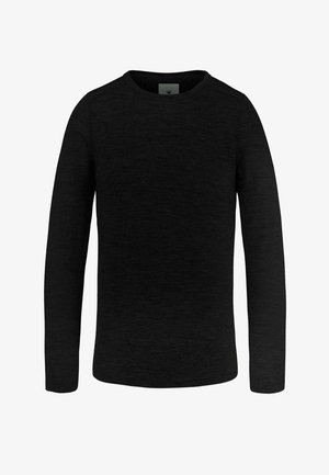 Schwarzes langärmliges Hemd aus strukturiertem Stoff, mit Rundhalsausschnitt und geradem Schnitt, ohne zusätzliche Muster oder Akzente.