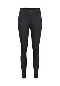Leggings neri con una vita alta, realizzati in tessuto elasticizzato. Presentano una texture liscia e un design aderente, che si restringe alla caviglia.
