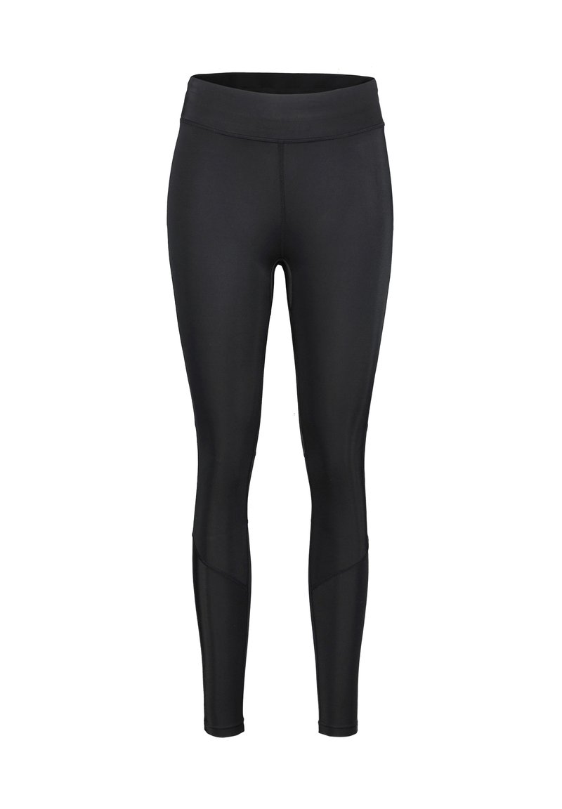 Leggings neri con una vita alta, realizzati in tessuto elasticizzato. Presentano una texture liscia e un design aderente, che si restringe alla caviglia.
