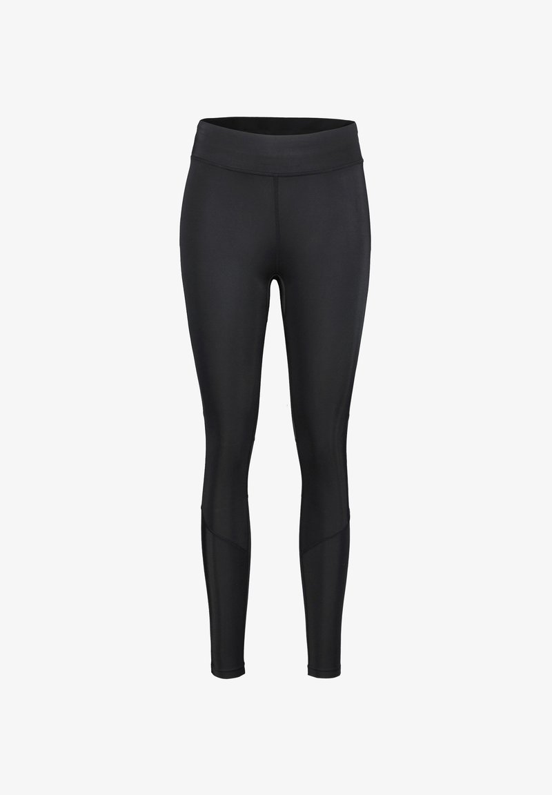 Svarta leggings med hög midja, tillverkade av elastiskt tyg. Har en slät yta och en åtsittande design som smalnar av vid ankeln.