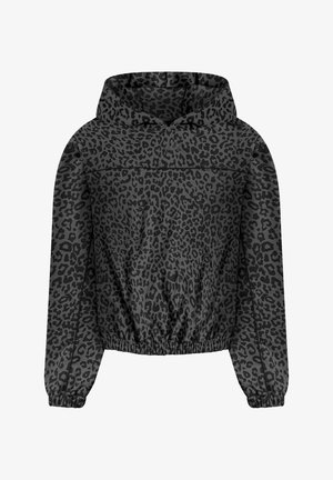 Czarna i ciemnoszara kurtka z kapturem w panterkę, z elastycznymi mankietami i dołem, przedni zamek ukryty pod klapą, długie rękawy.
