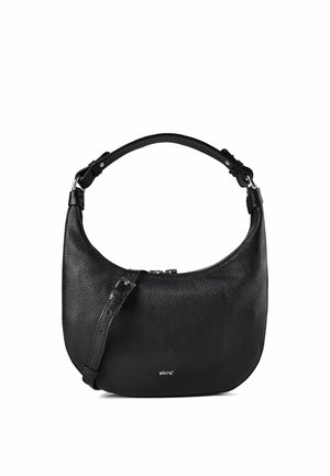 Borsa a mano in pelle nera strutturata con manico corto e tracolla regolabile, con piccolo logo del marchio argentato "abro" sul davanti.